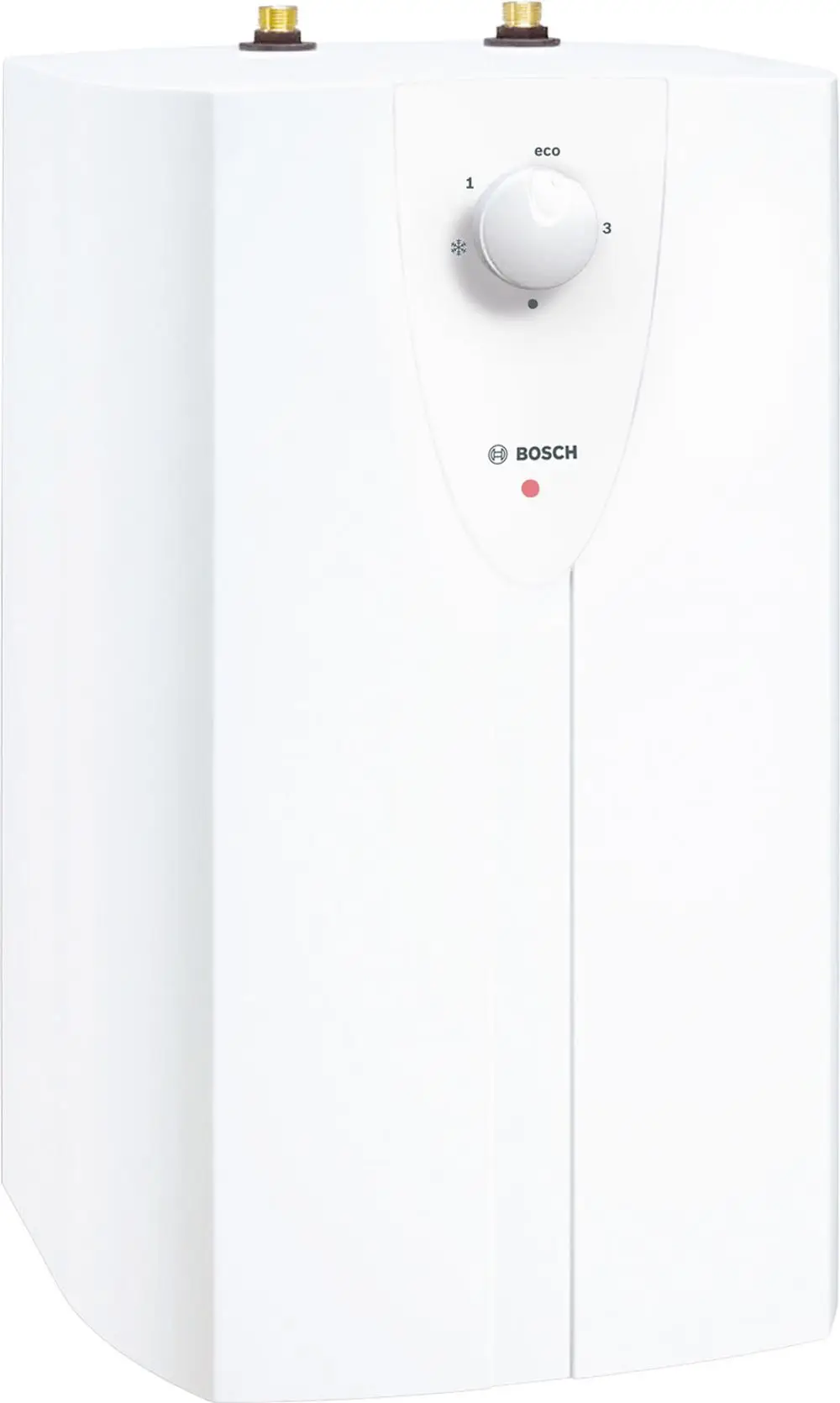 Weißer Boiler von Bosch mit rundem Regelknopf oben, zwei Wasseranschlüssen und einer Statusanzeige in der Front.